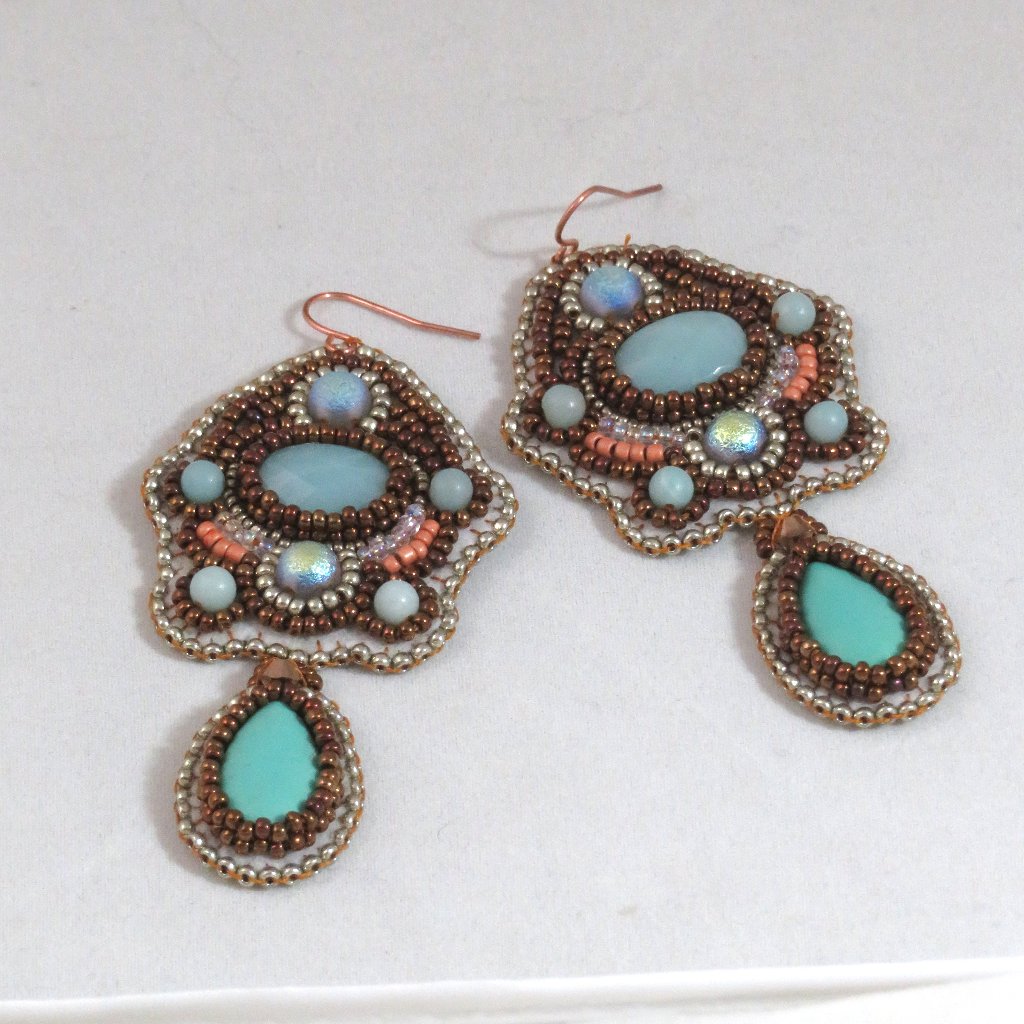 Bead Embroidered Amazonite Earrings - Handmade